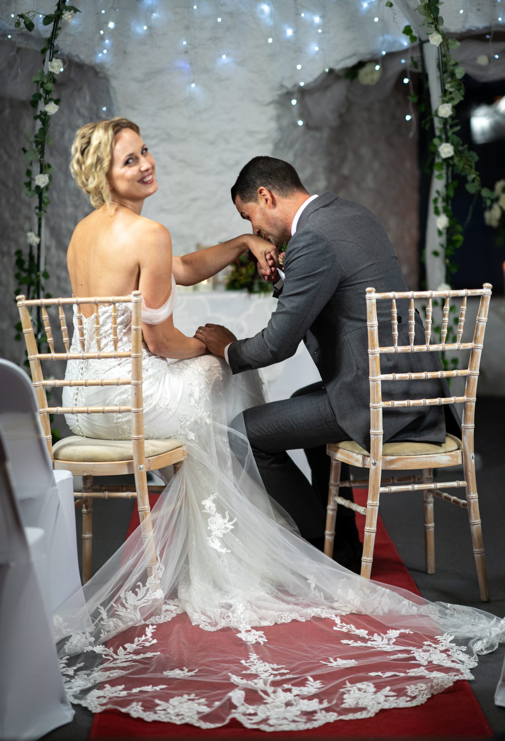 Photo of bride and groom in the castle's wedding setup