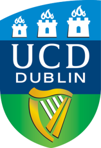 The University College Dublin Logo. It is shaped like a badge/shield with bands of light blue, dark blue and green. Three towers appear at the top of the badge and a harp at the bottom.